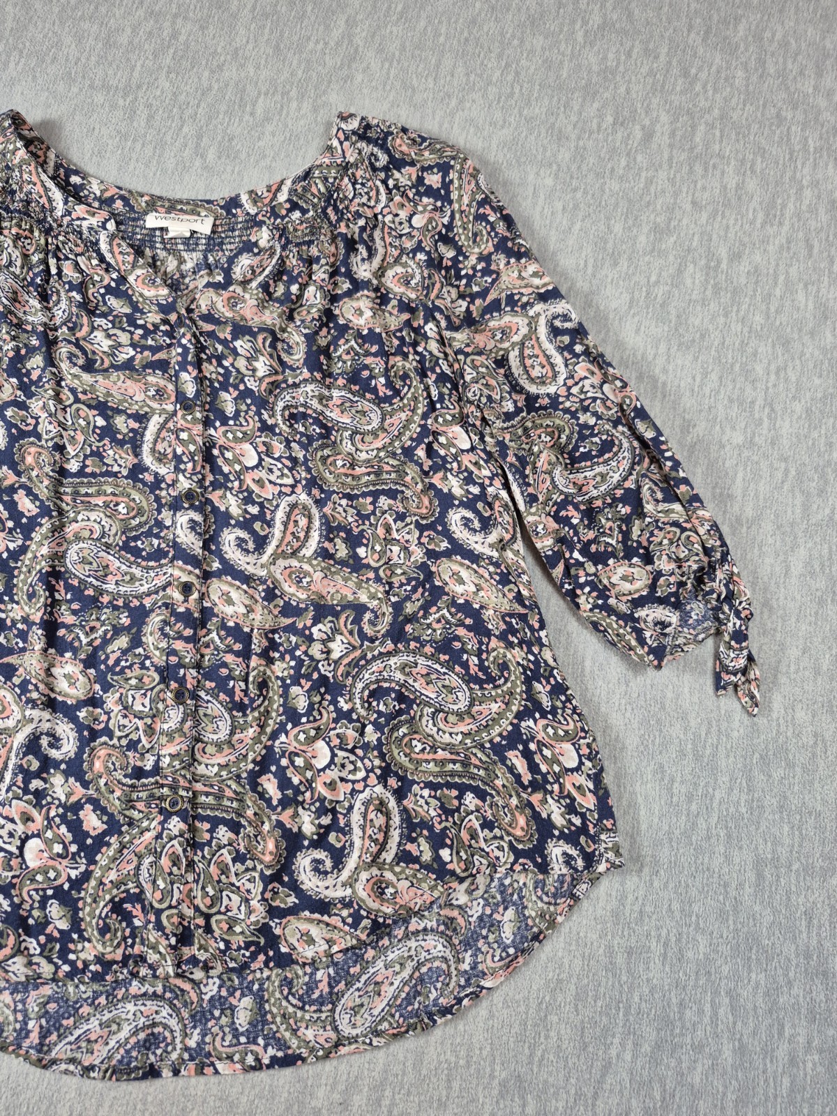 Westport Shirt Blouse Boho Womens Large Multicolored Paisley V Neck Button Up