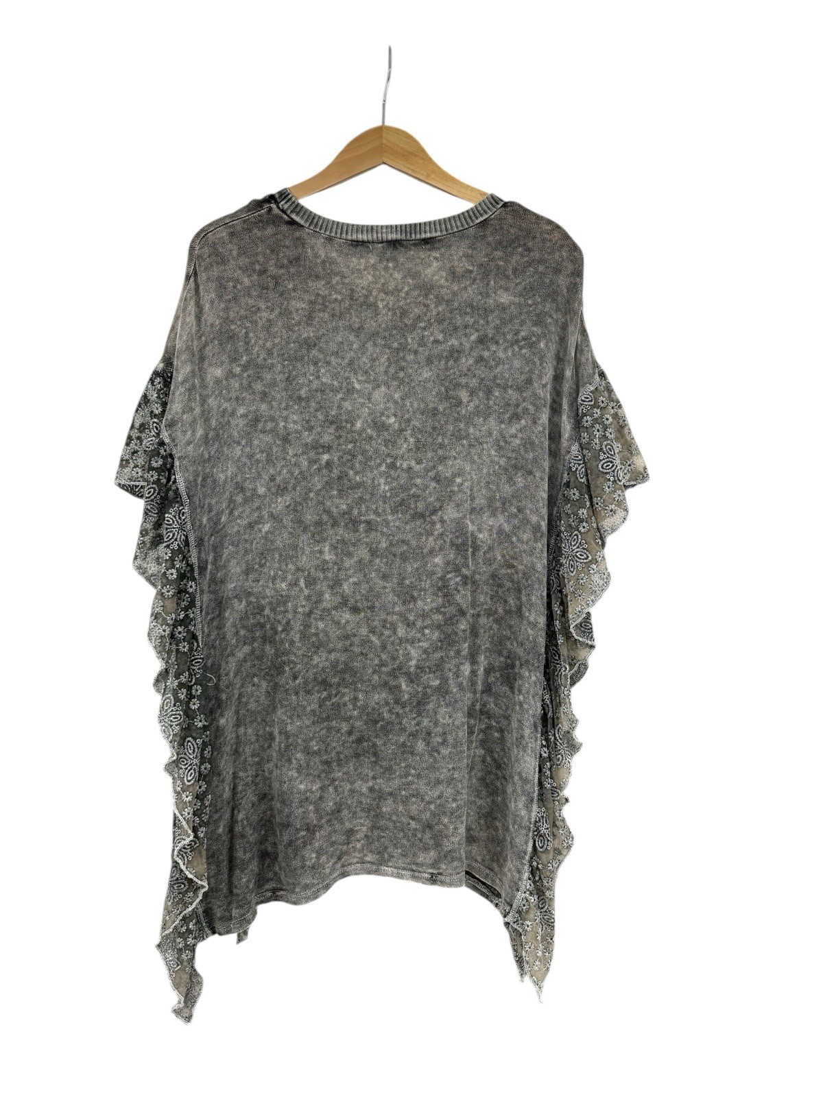 Violet Ruby Gray Black Mineral Wash Boho Hippie Lace Ruffle Tunic Top Womens M