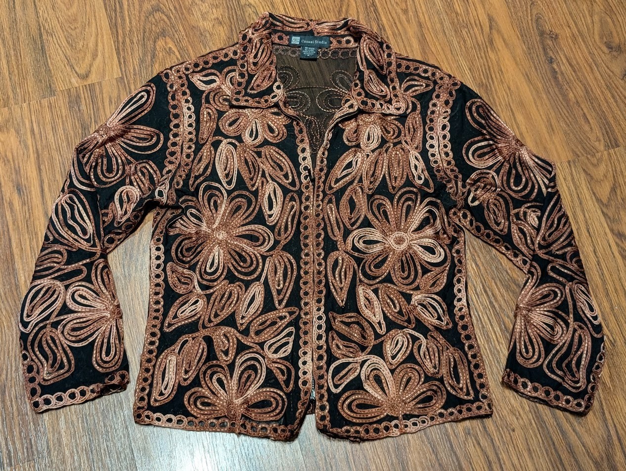 VTG Y2K SHEER MESH JACKET TOP black tie-dye brown soutache tapework 70s style 2A