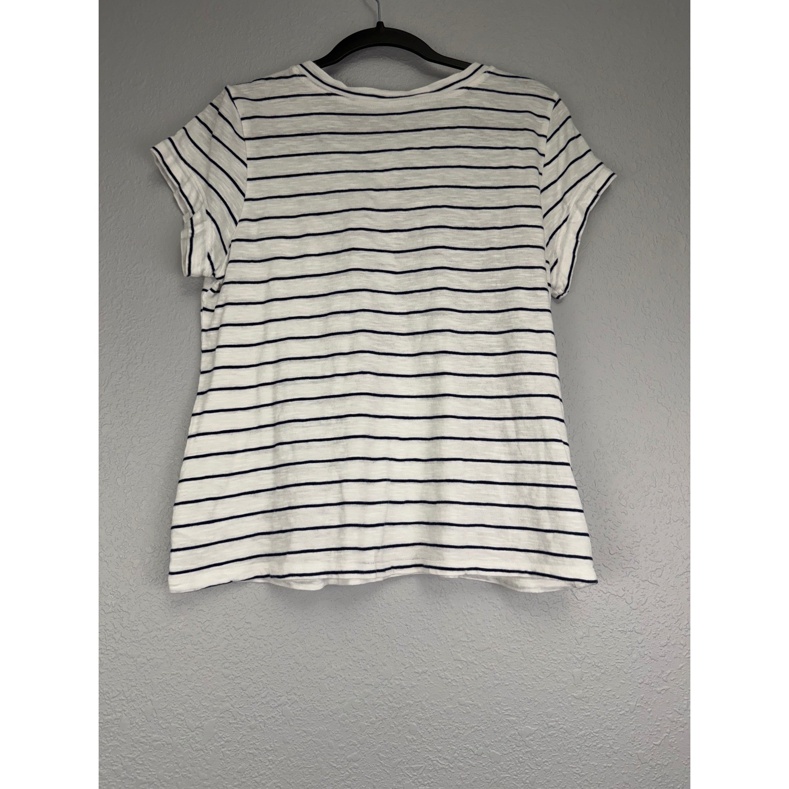 A New Approach Womens Medium Striped Henley Top Short Sleeve Navy White Cotton