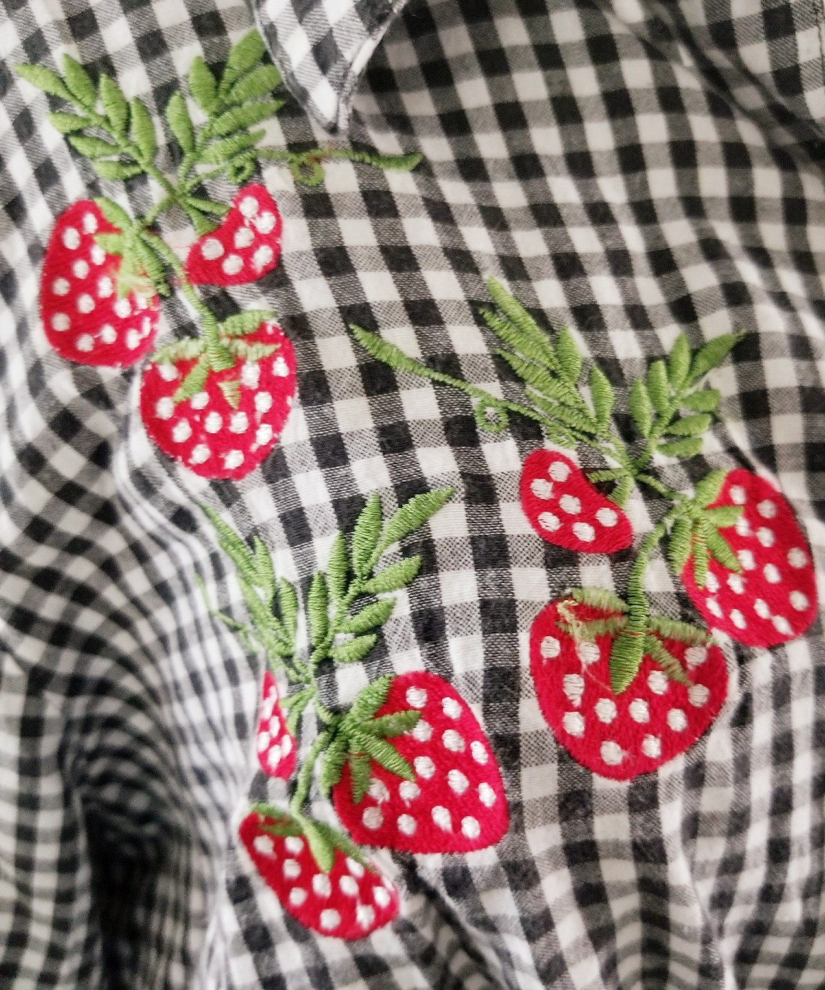 VINTAGE 40S 40S GINGHAM BLOUSE STRAWBERRIES SZ XL 14 16