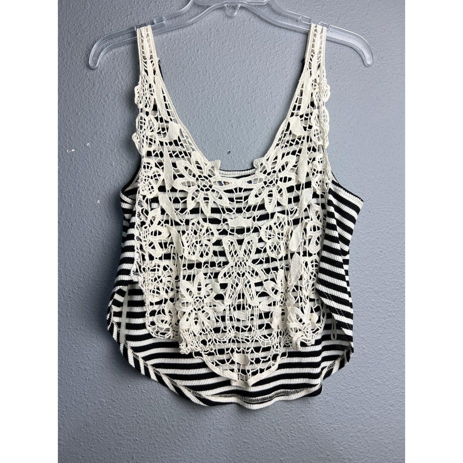 Sweet Claire Womens Black White Striped Crochet Back Ribbed Tank Top Coastal SM