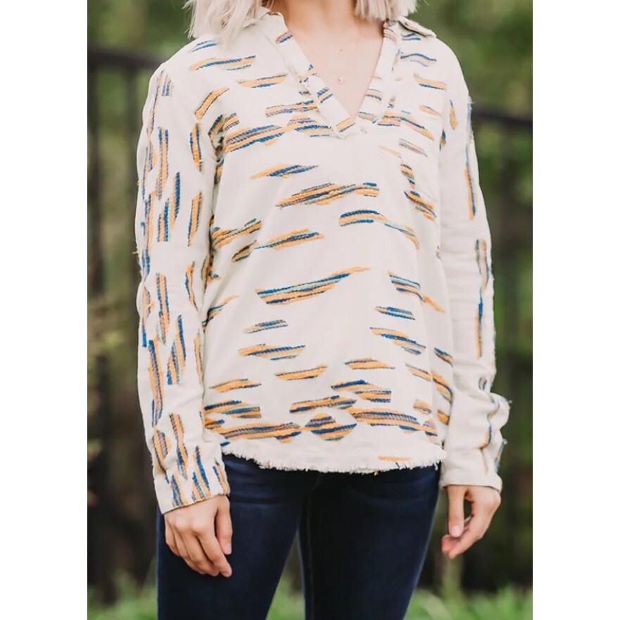 Ivy Jane Womens Textured Jacquard Abstract Stripe Pullover Top Cream Blue M