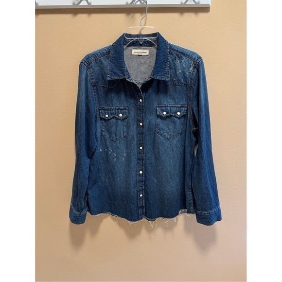 Lucky Brand Denim Western Shirt Snap Button Contrast Stitch Star Embroidery Lg