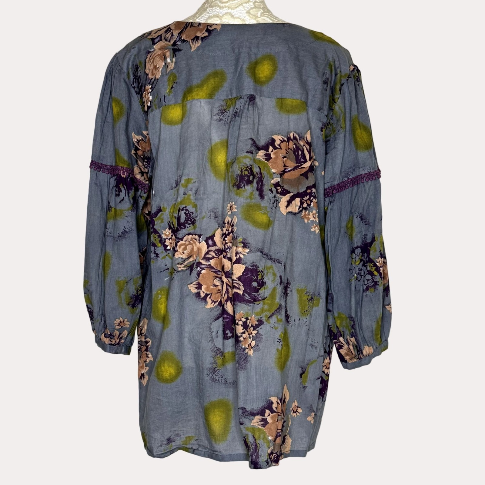 World Market Boho Pleated Crochet Trim Swing Top Blouse Floral S M