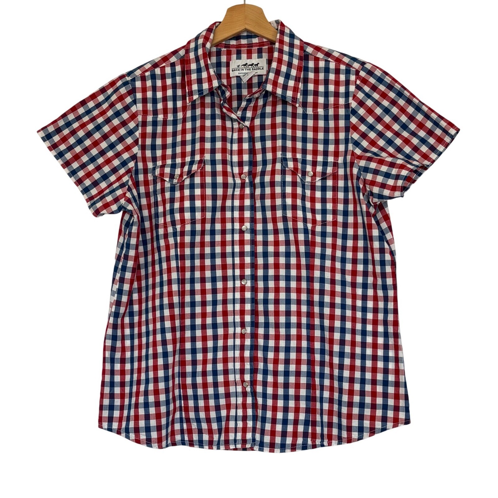 Back In The Saddle Womens Red White Blue Gingham Western Snap Shirt L Cowgirl