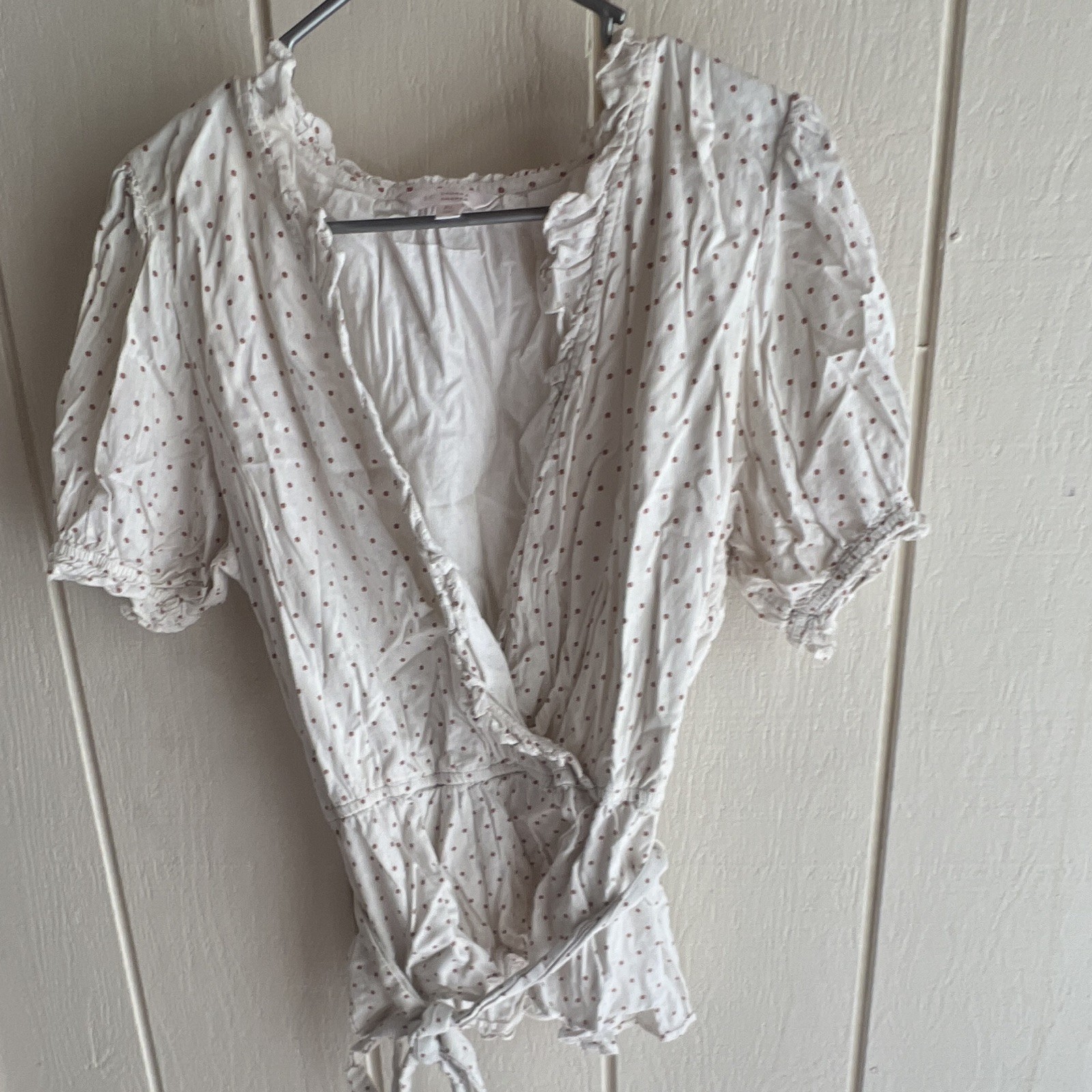 LC Lauren Conrad Women’s XL White Brown Polka Dot Wrap V Neck Ruffle Tie Blouse