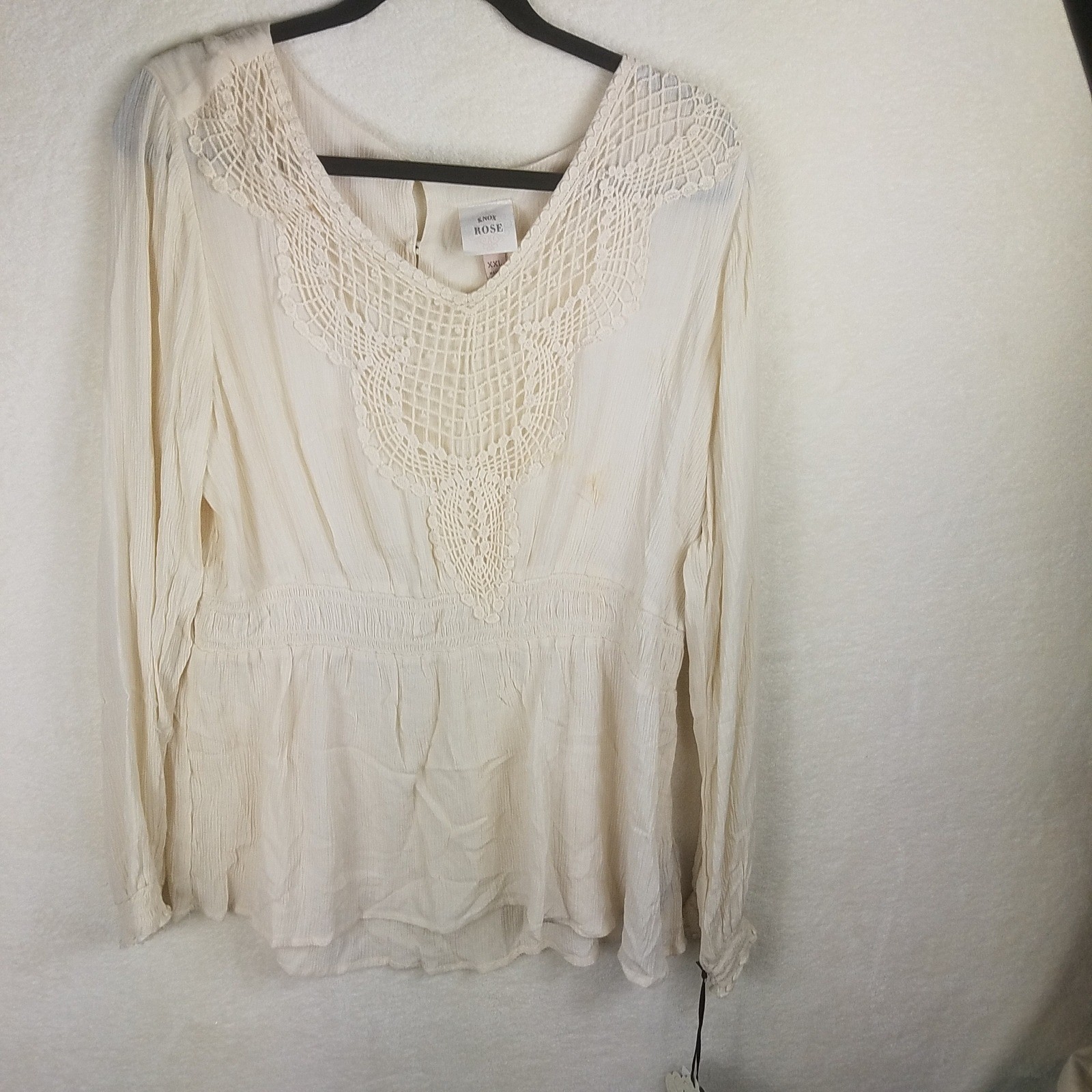 Knox Rose Blouse Women XXL Cream NWT Crochet Lace Smocked Waist Boho Peasant Top
