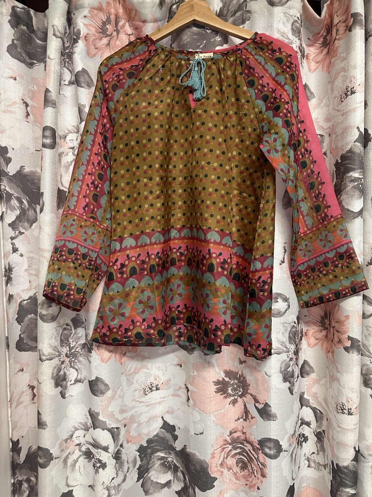 Natural Life Patchwork Tassel Boho Blouse Small Mixed Print Festival Cottagecore