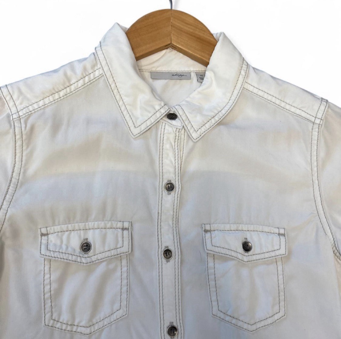 Halogen Womens Shirt XS indie Ivory Tencel Western Snap Utility Safari Minimalis