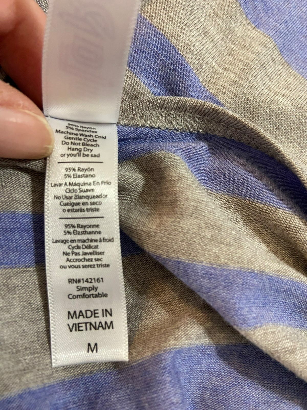 LuLaRoe Classic T-Shirt Medium Gray & Blue Stripes 95% Rayon 5% Spandex