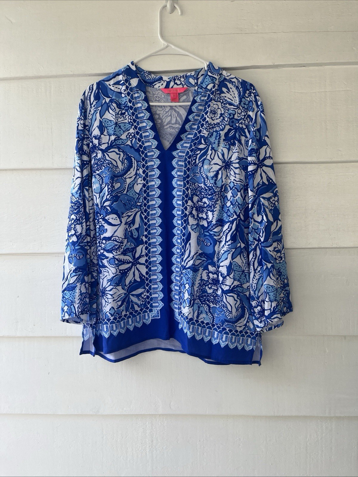 Lily Pulitzer Luna Womens Blue Floral V-Neck Tunic Top Boho Preppy Rayon M