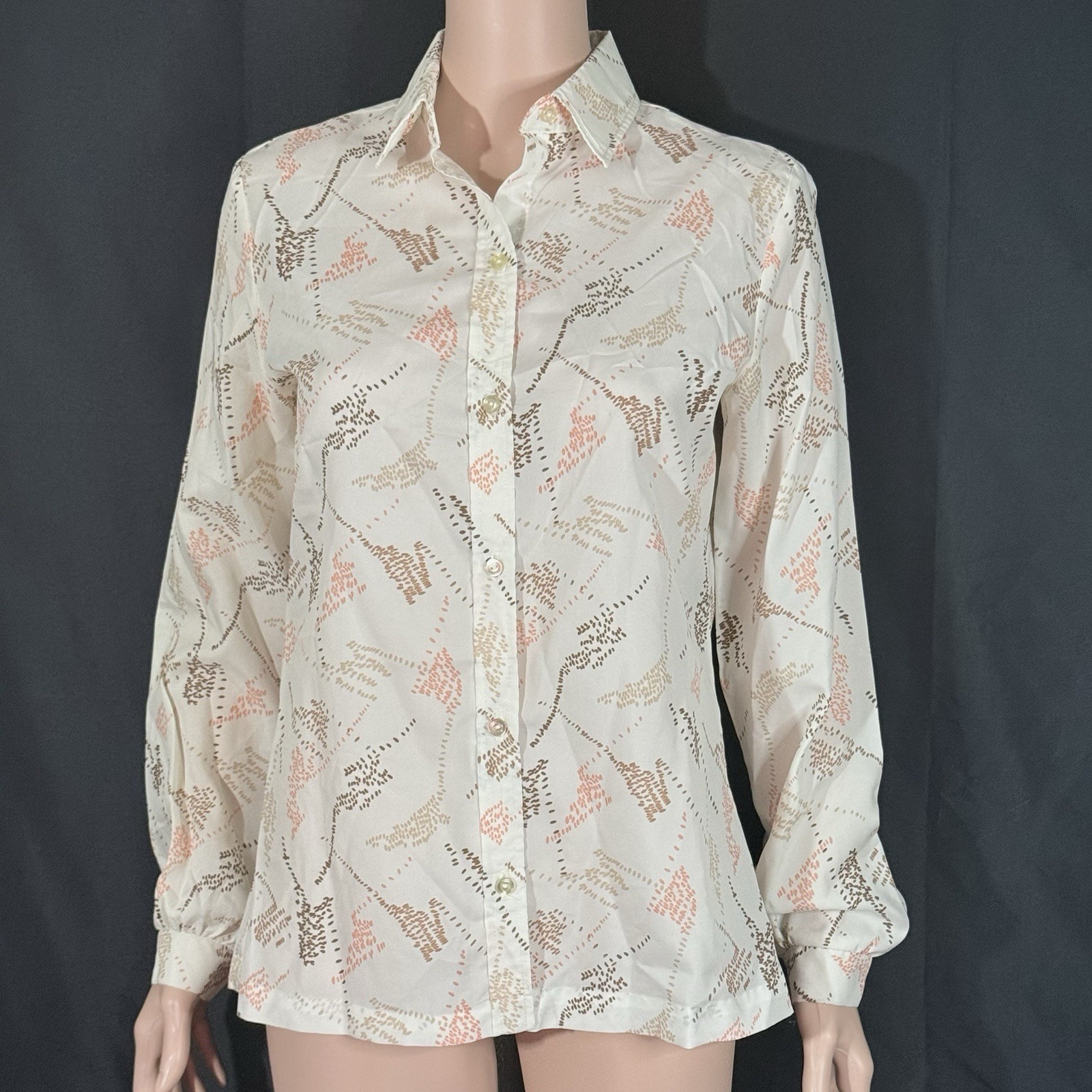 Jack Winter Vintage 70s Blouse Dagger Collar Abstract Geometric Tan Brown M