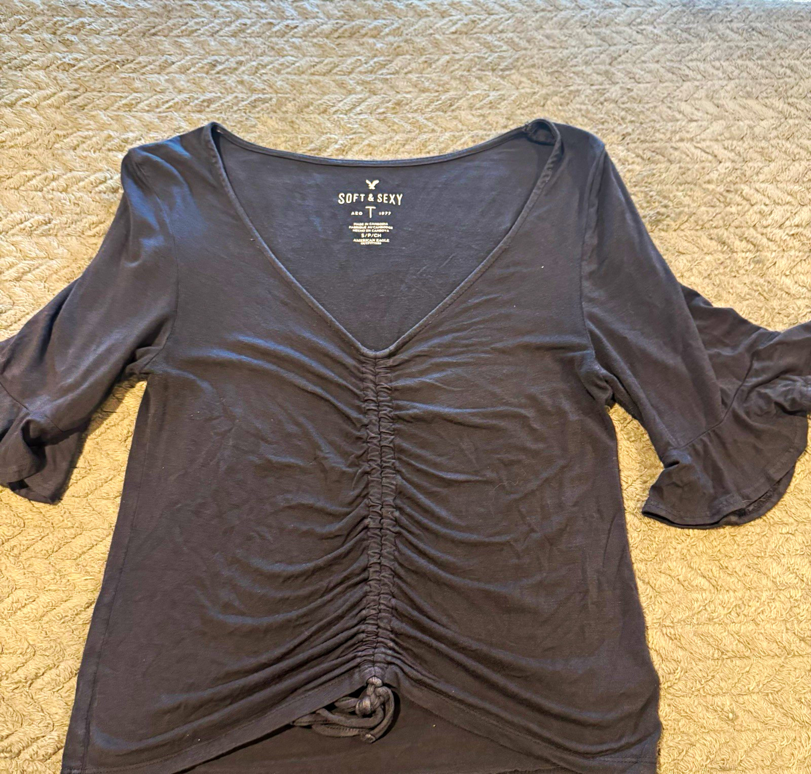 American Eagle Outfitters Gray V-Neck 3/4 Sleeve Ruched Drawstring Tee S/P/CH