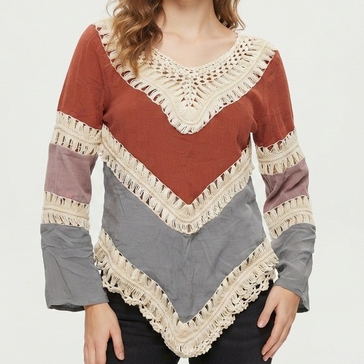 Boho Cottagecore Crochet Lace Blouse Womens Multicolor Chevron Fringe Festival
