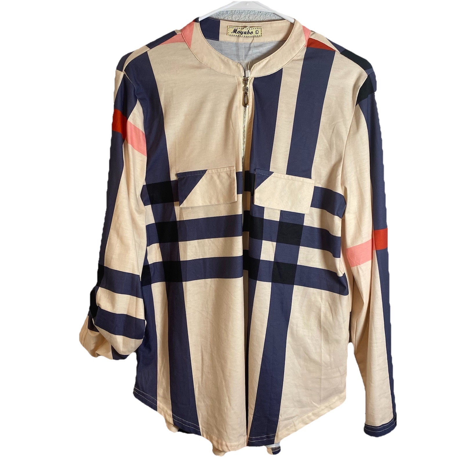 Moyabo Women’s Quarter Zip Color Block Geometric Roll Tab Long Sleeve Top So Med