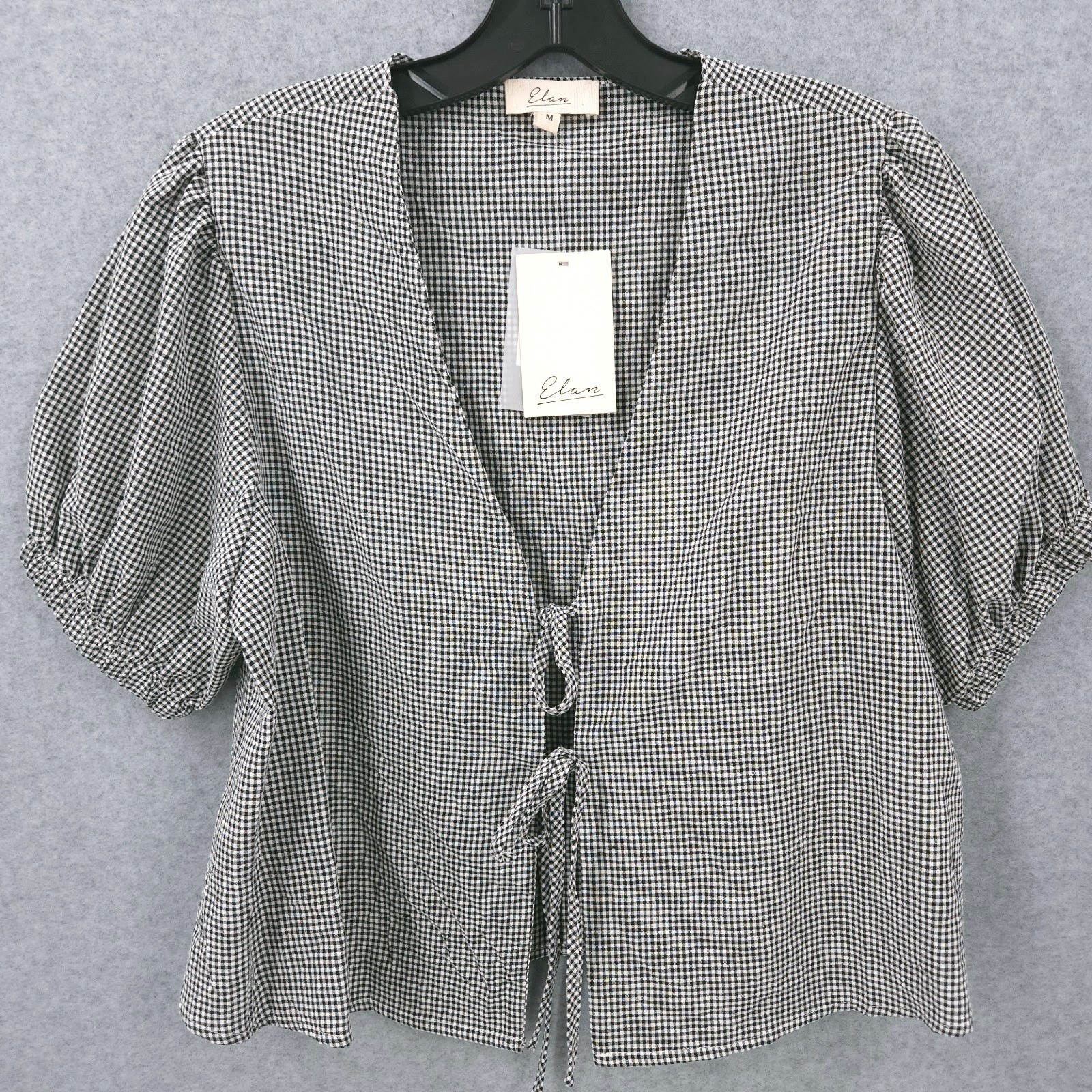 Elan Gingham Tie Front Puff Sleeve Black White Top Blouse Womens Size M NWT
