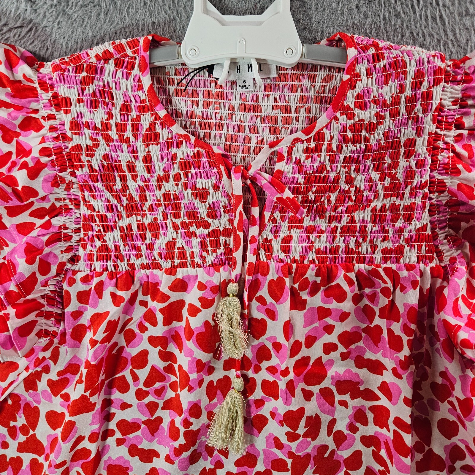 NWOT THML Top Women Small Heart Print Tassel Red Pink White Valentine