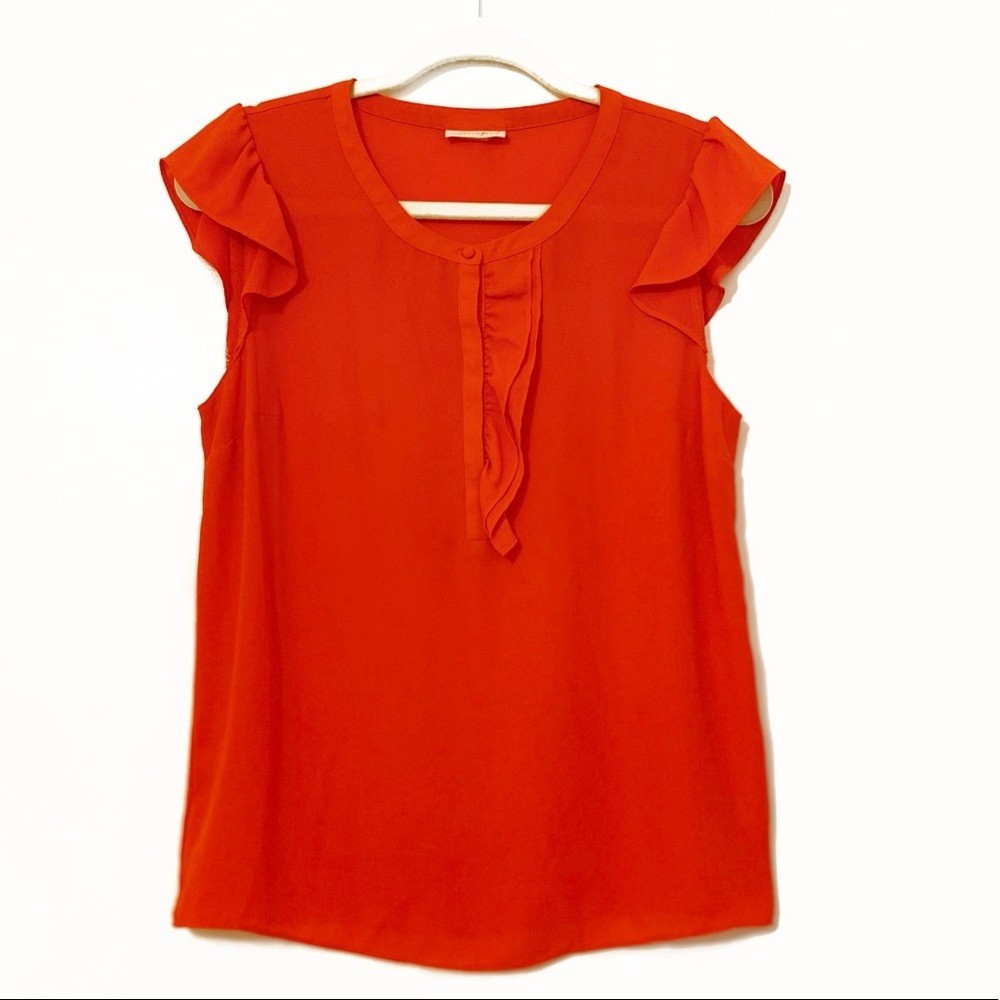 NWT Maison Jules Tomato Orange Red Crew Neck Ruffle Top Blouse Flutter Sleeve L