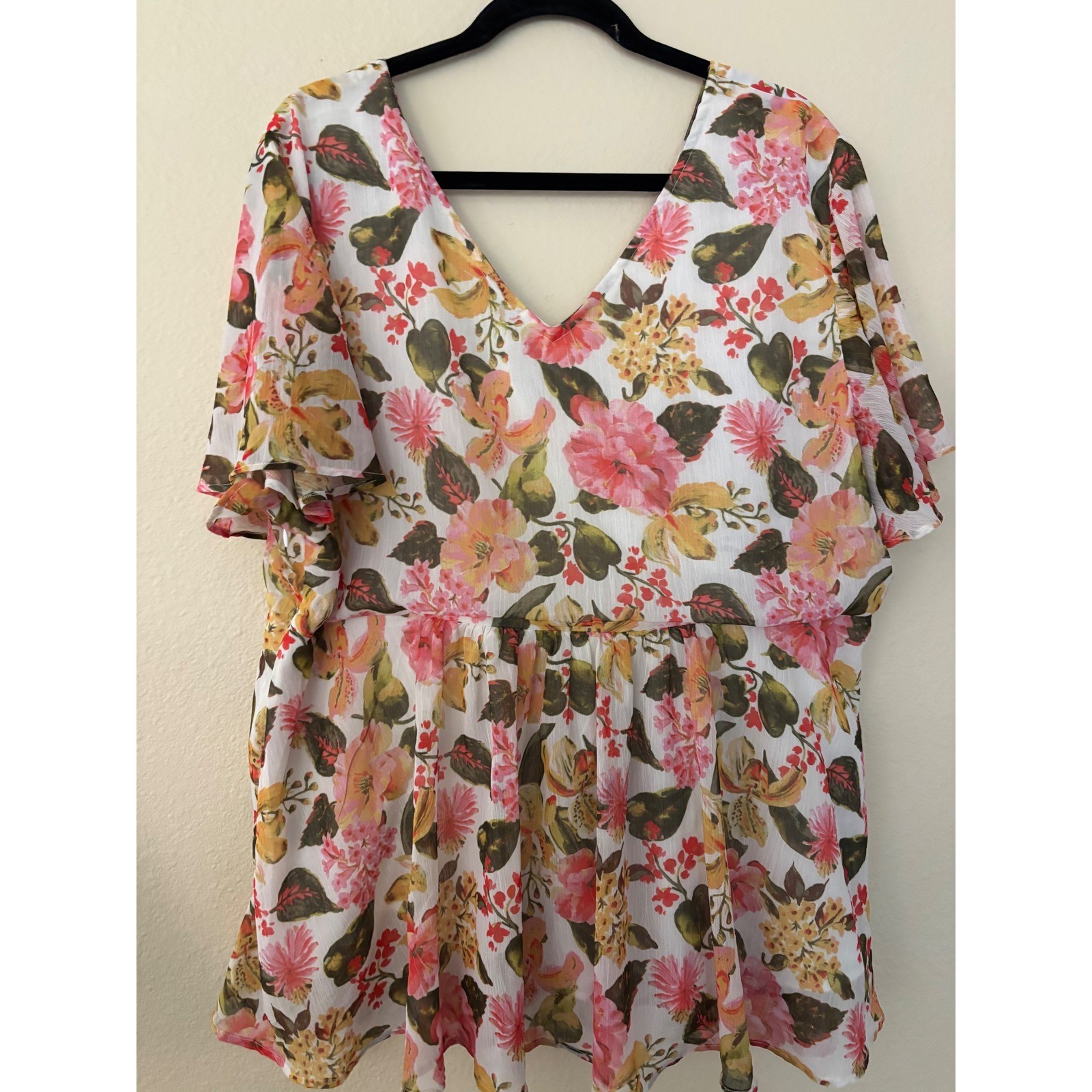 June + Vie Floral Surplice Peplum Blouse 1X 22/24 Multi-Color V-Neck A1206