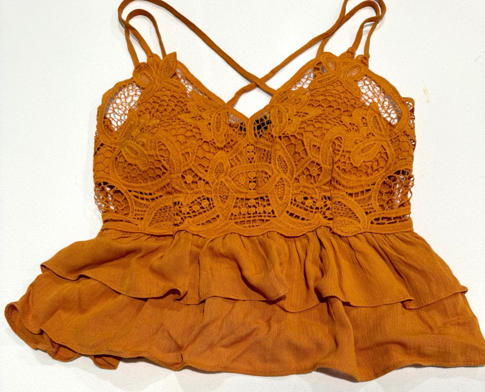 Orange Peplum Lace Adjustable Spaghetti Strap Top With Ruffles, Size M