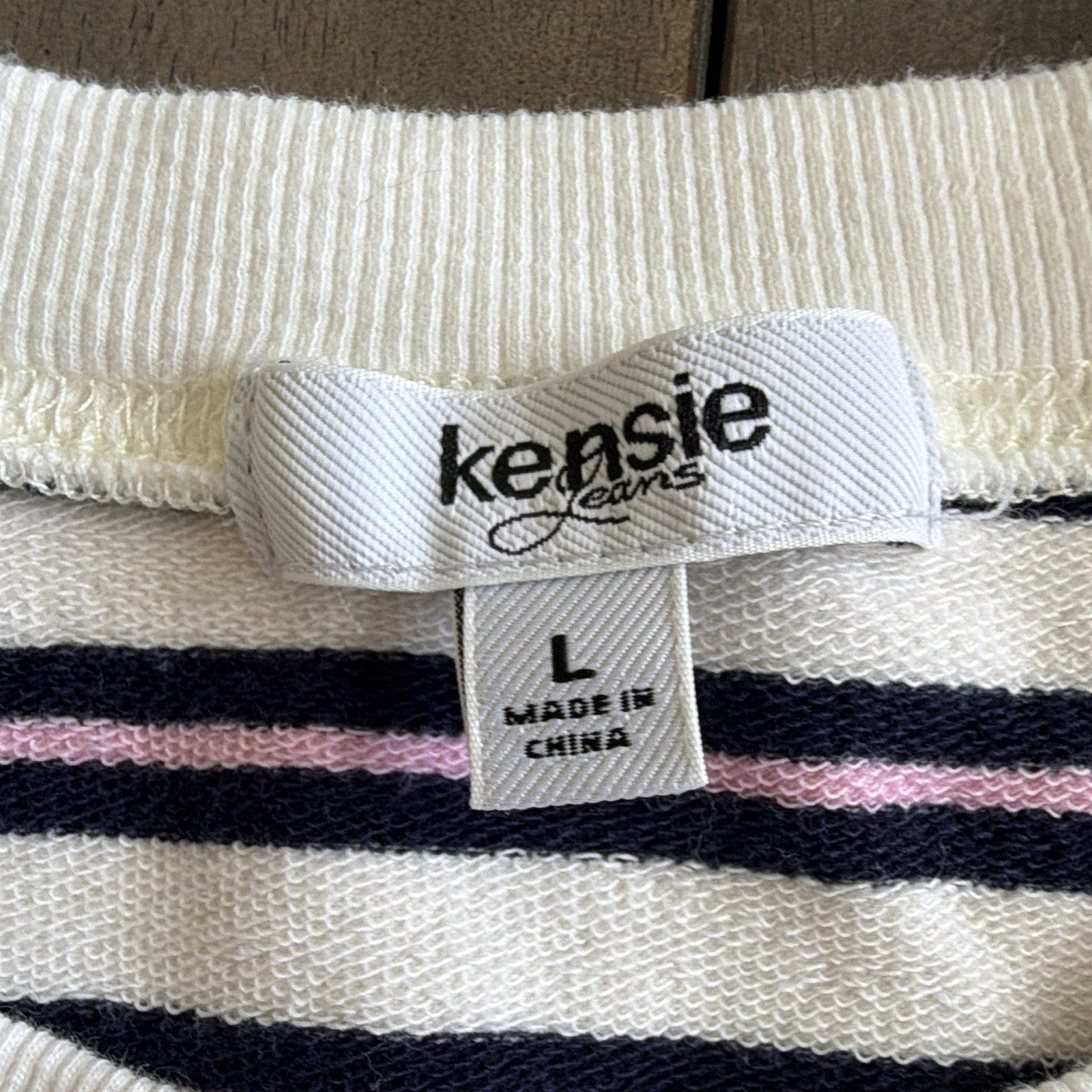 Kensie Jeans White Navy Pink Striped Knit Crew Neck Tie Front Top Stretch L
