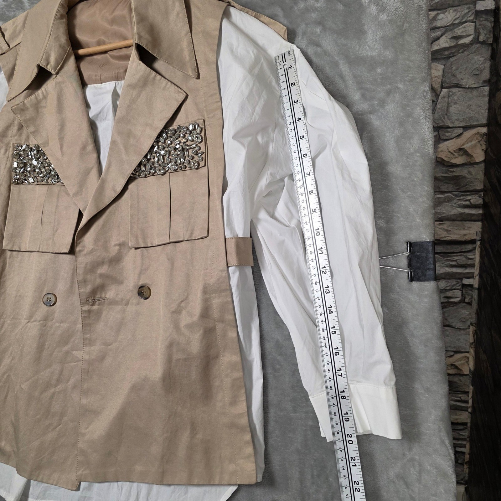 Two Tone Single Button Layered Shirt Rhinestone Embelished Women Size L Tan Chic