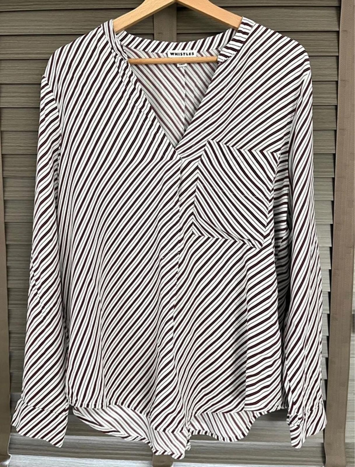 Whistles White Red and Black Striped Blouse 14 Cupro Silk Feel V-Neck Shirt