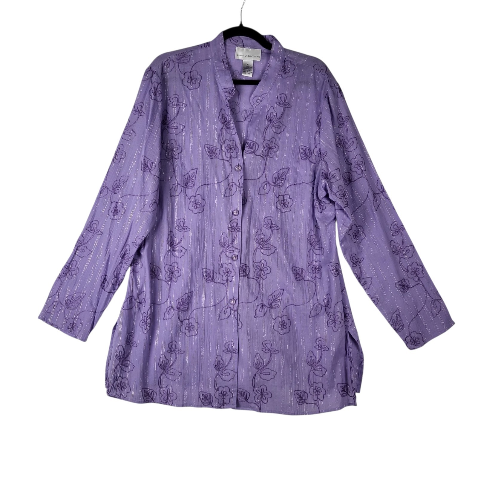 Susan Graver Tunic Blouse Women’s XL Purple Button Front Long Sleeve Embroidered