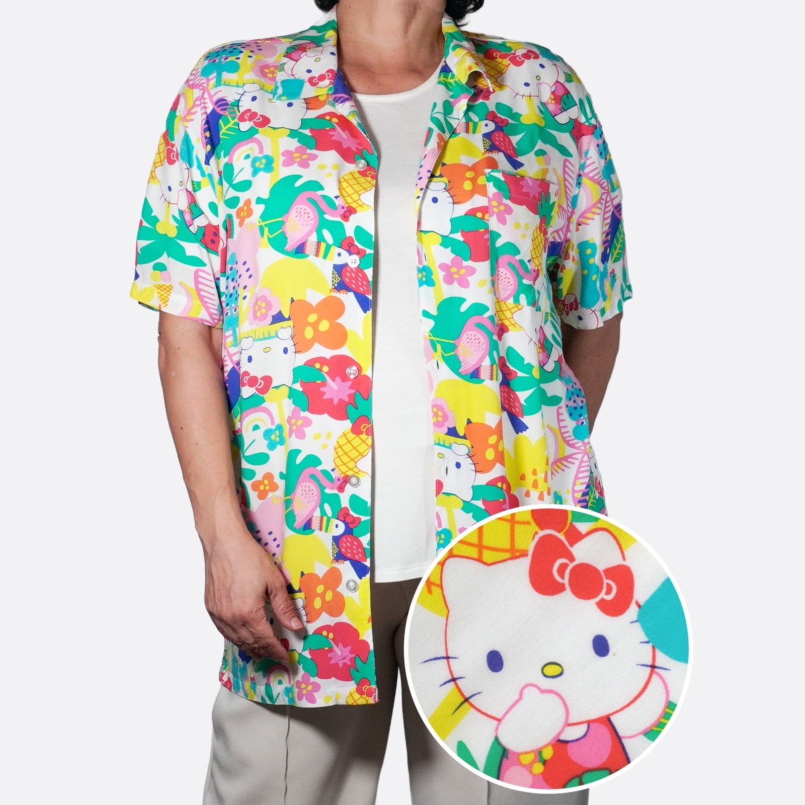 Hello Kitty 100% Rayon Tropical Button Down Shirt Multicolor 0X Large Sanrio