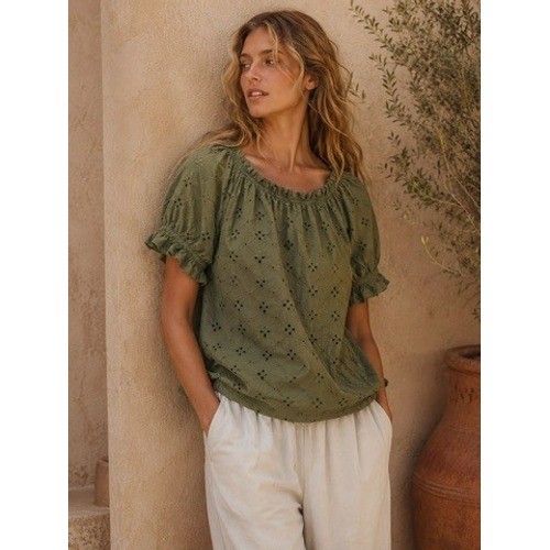 LOFT Olive Green Eyelet Ruffle Neck Short Sleeve Cotton Blouse Top XS Earthy
