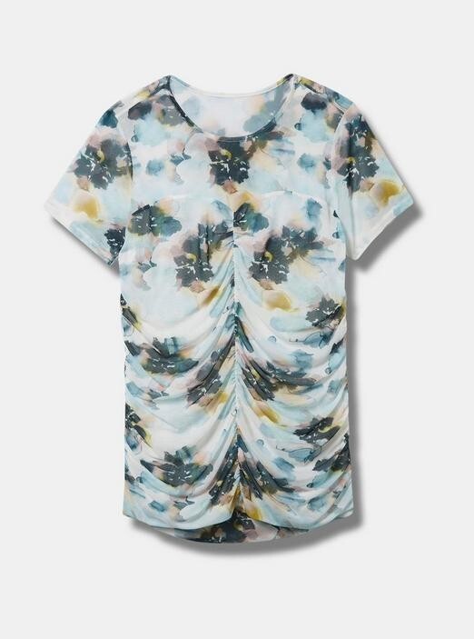 Torrid Plus Size 3X or 4X Stretch Mesh Crew Neck Ruched Floral Shirt Blouse Top