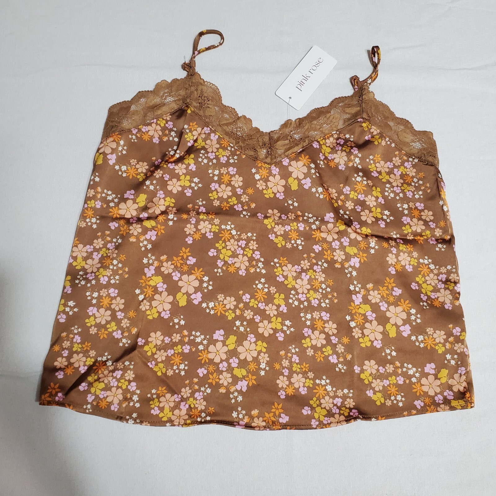 Pink Rose Spaghetti Strap Lace Women’s Top Silky Brown Floral Size Medium M New