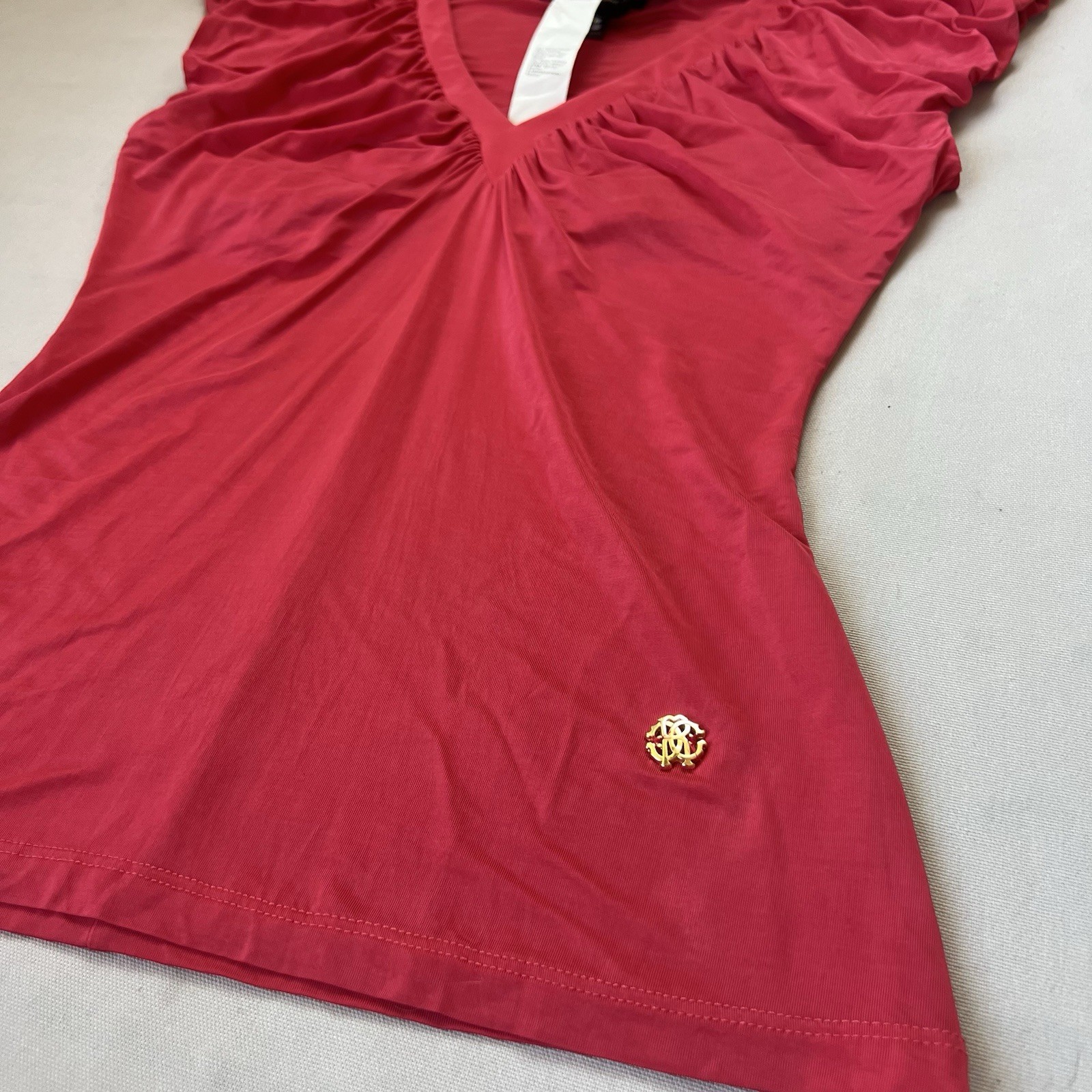 Roberto Cavalli Red Solid Ruched Ruffle V-Neck Knit Stretch T-Shirt 44 FST633