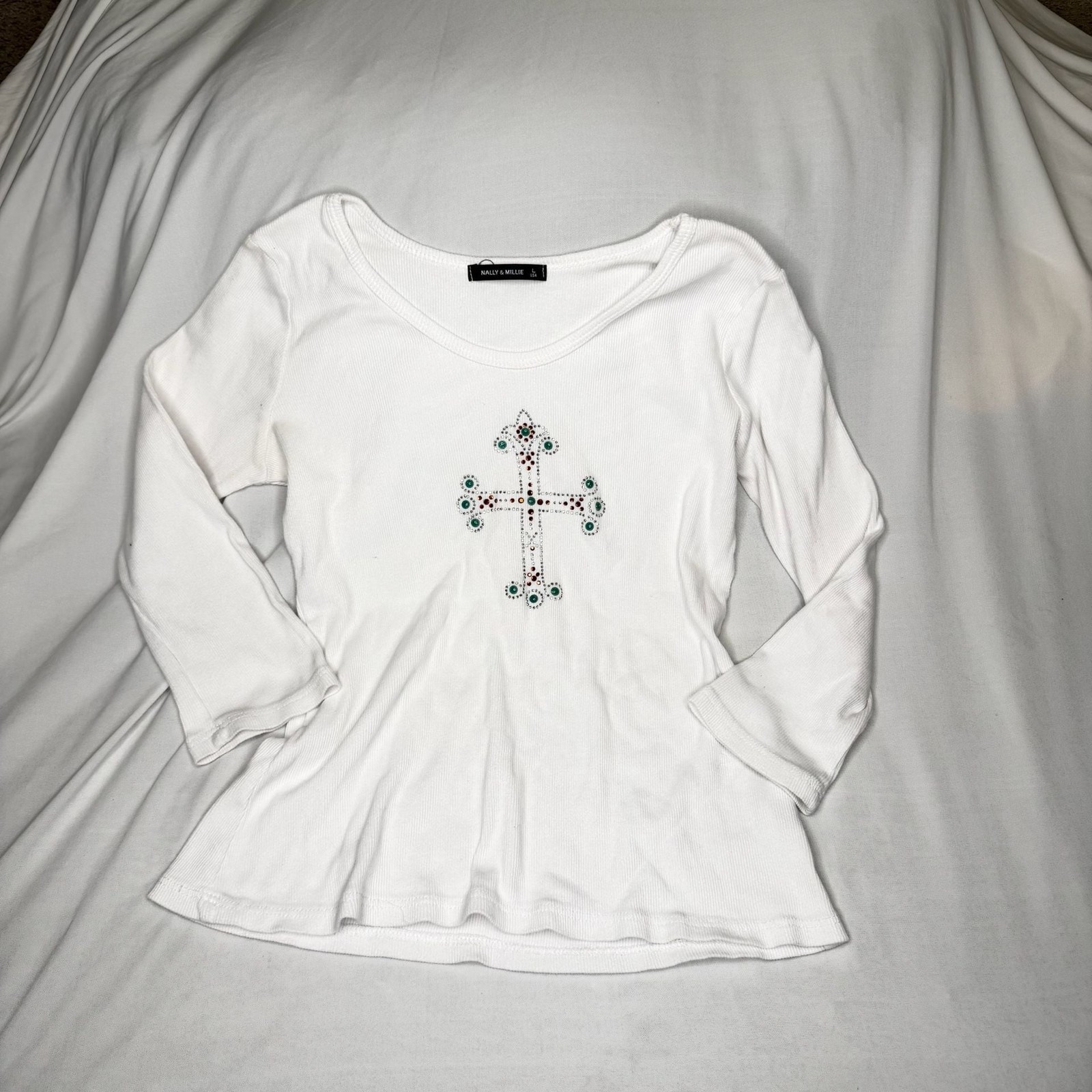 Nally & Millie Ribbed Rhinestone Cross Long Sleeve Top Y2K Fitted Stretch White