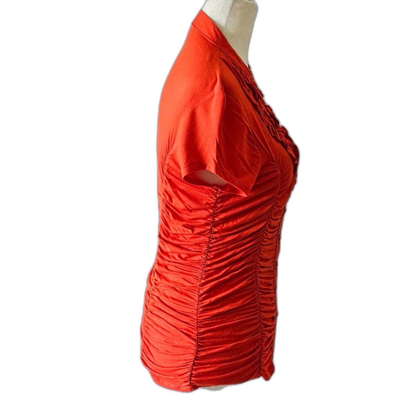 Timing Women Ruffled Orange Top Button Up V Neck Short Sleeves Size L