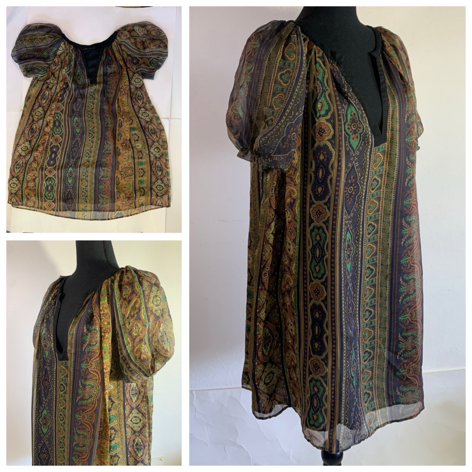 Zara Women’s Silk Tunic Top Blouse Green Floral Geometric Small Made in Morocco