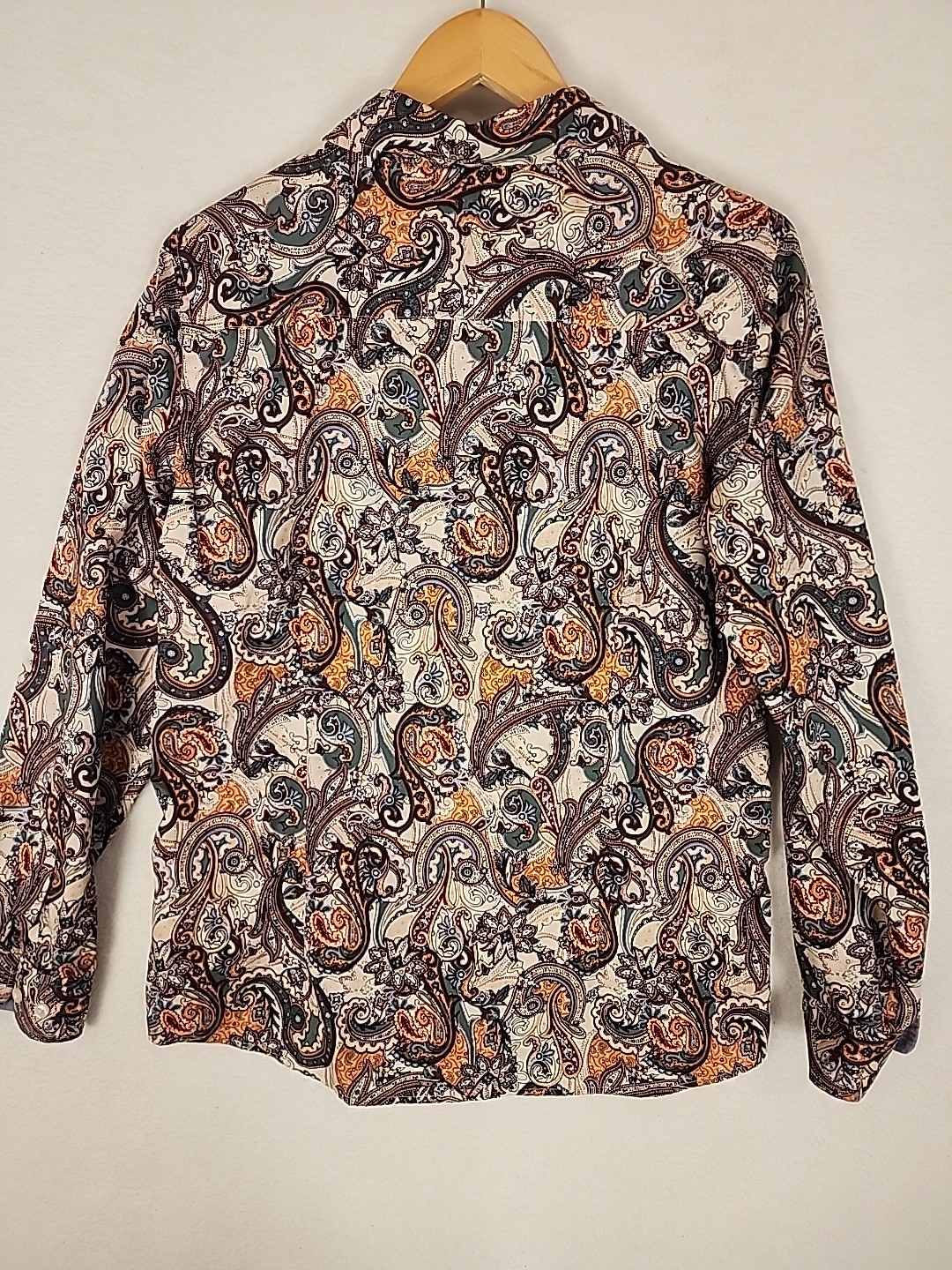 Orvis Shirt Top Khaki Green Rust Black Paisley Button Up Long Sleeve Cotton 16