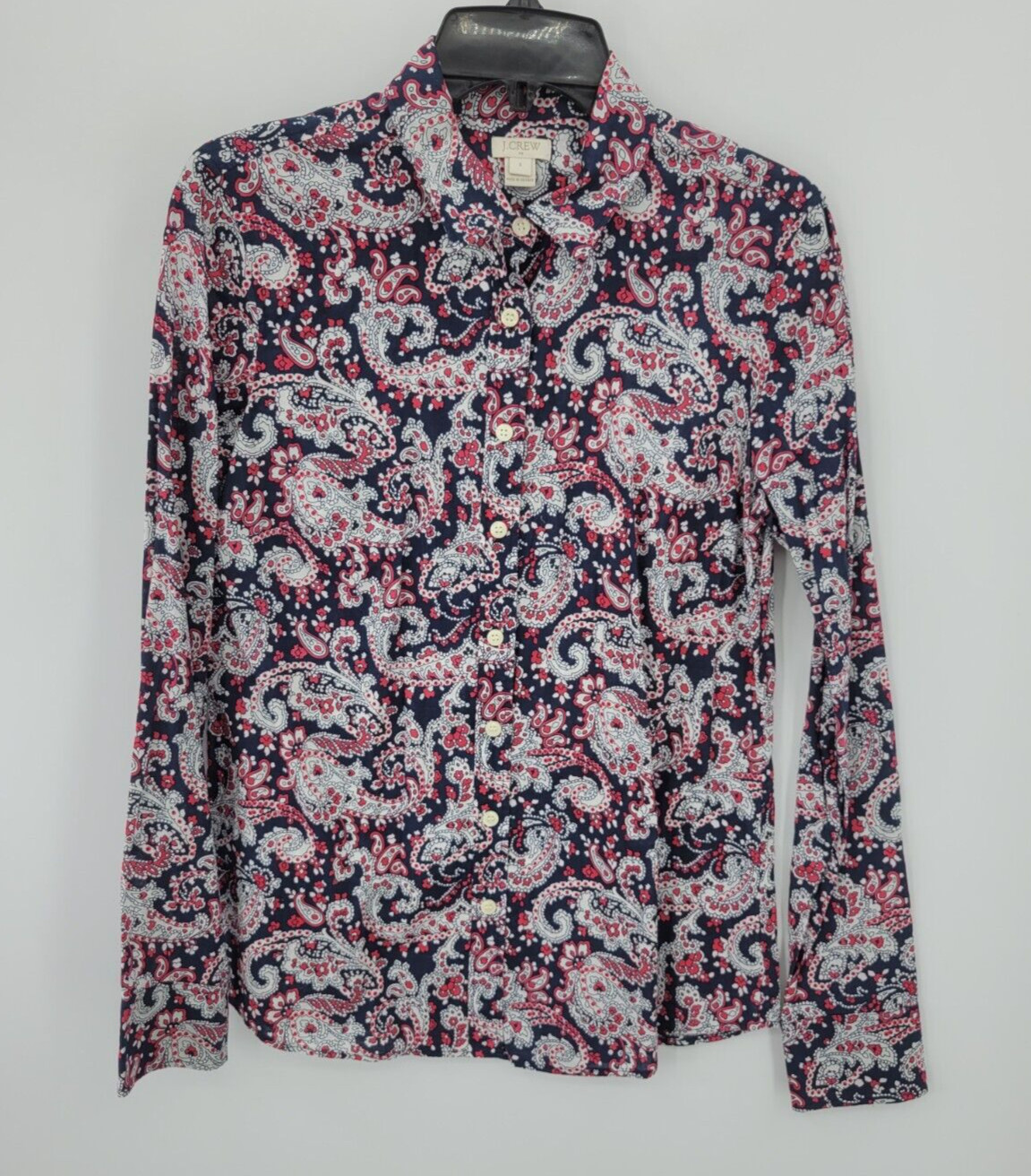 J Crew Top Womens Small Blue Red White Floral Paisley Button Up Feminine