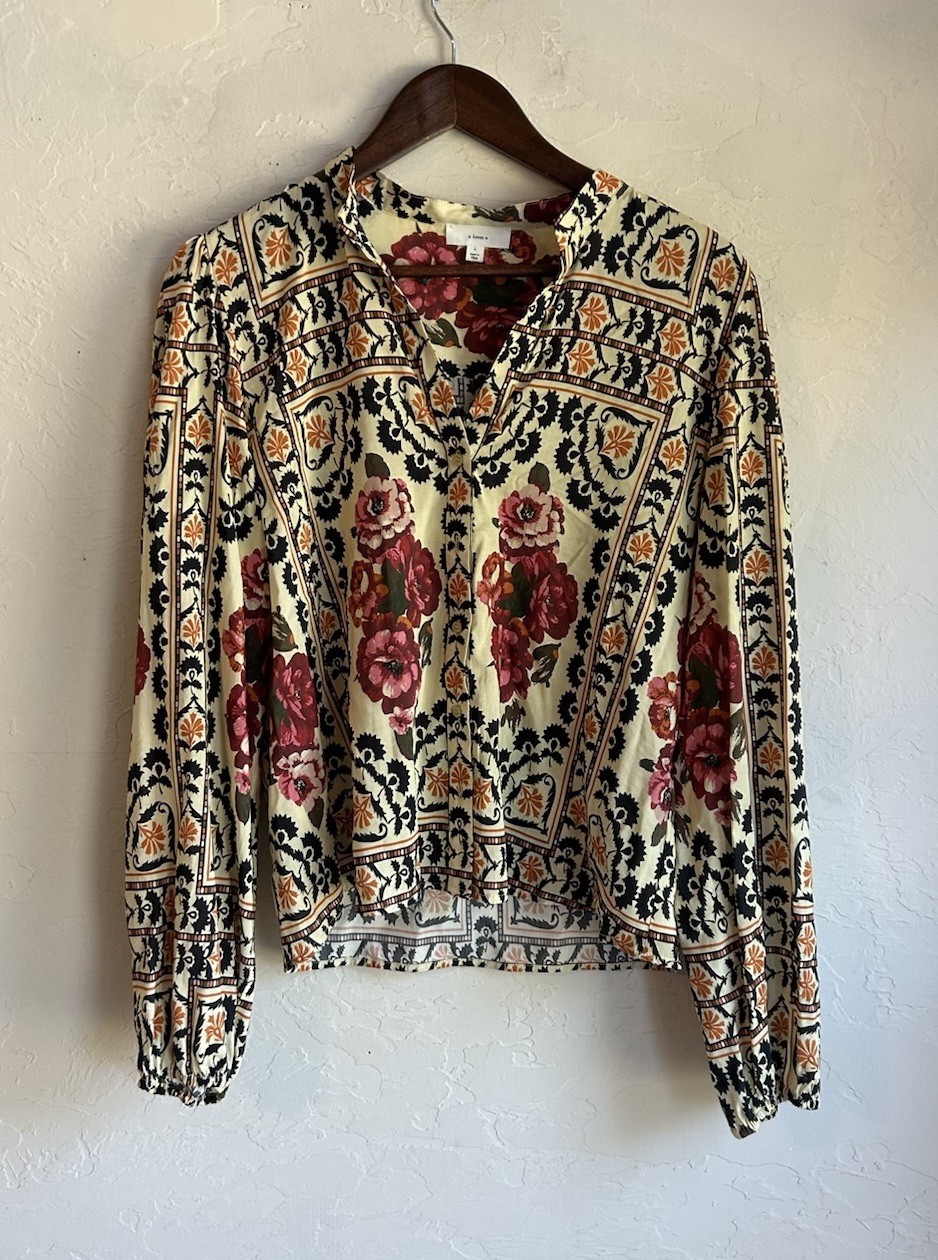 A Loves A Floral Button Up Top L Bohemian Balloon Sleeve Boho Relaxed Fit NWT