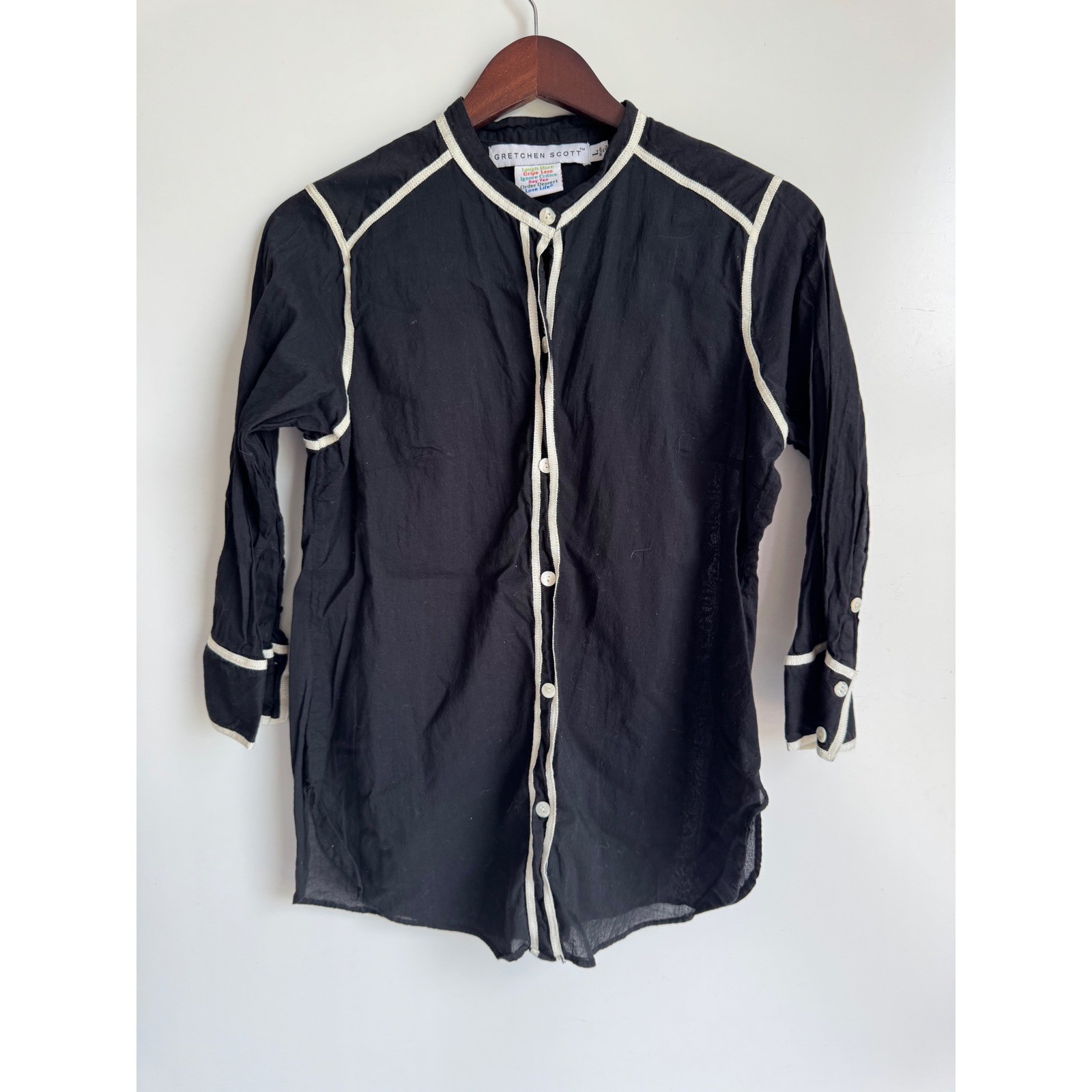 Gretchen Scott Black Cotton Band Collar Button Down Shirt White Ribbon Trim L