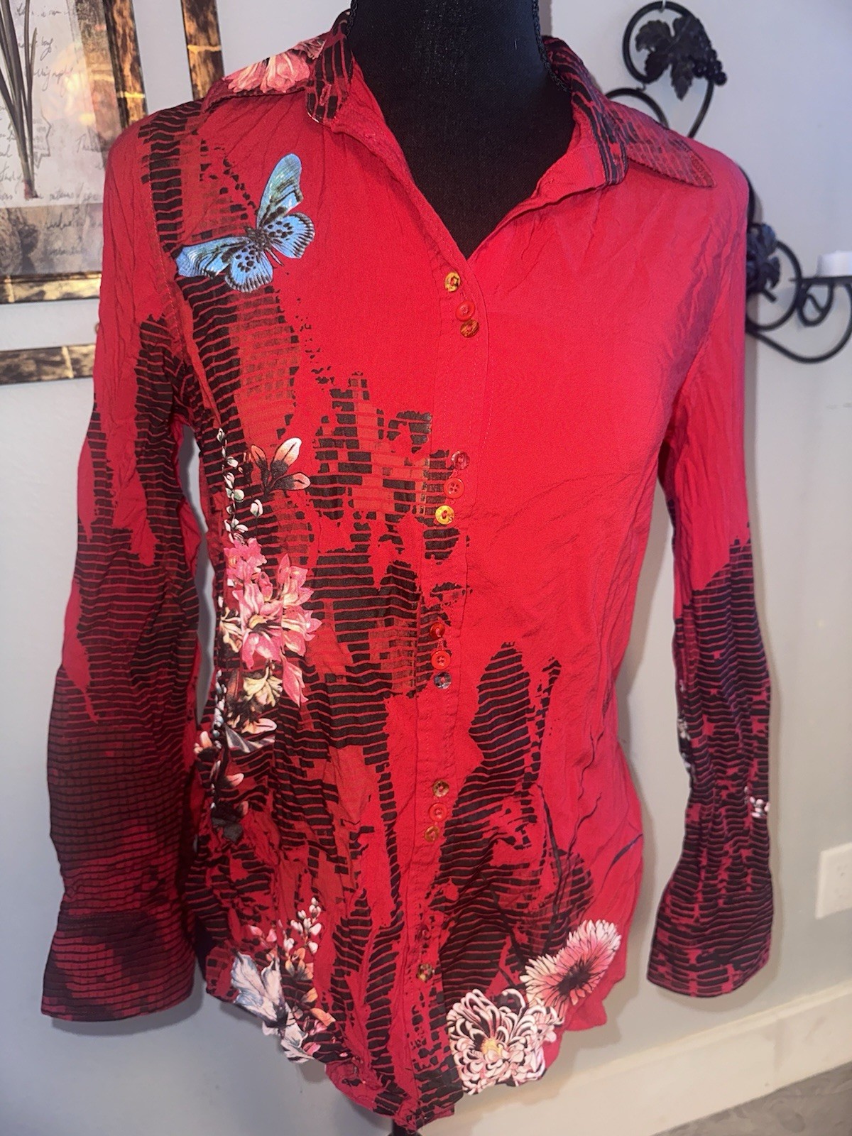 Desigual red/black floral butterfly long sleeve button down collar shirt, Size S