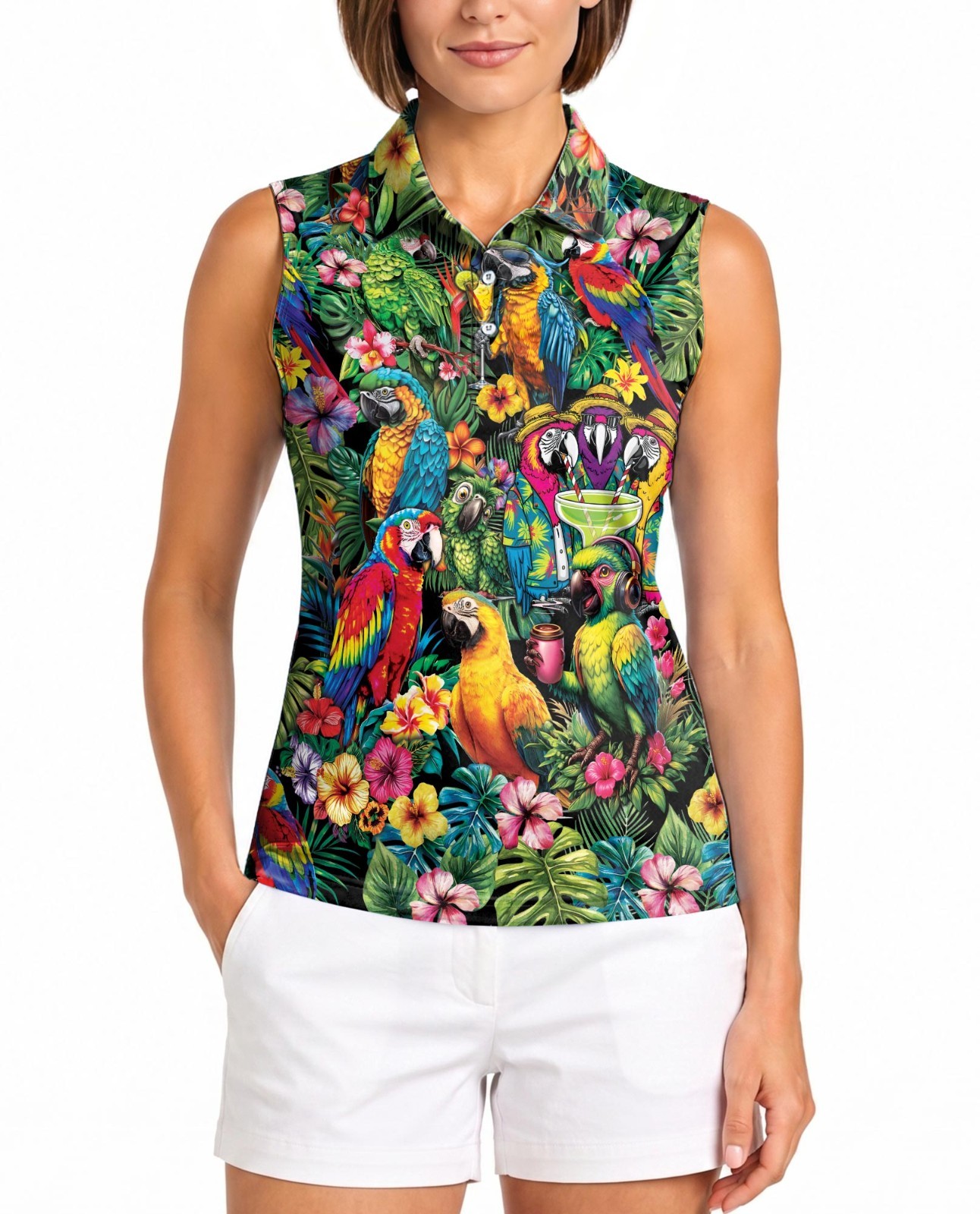 Macaw Parrot Women’s Sleeveless Performance Polo Tropical Golf Tennis