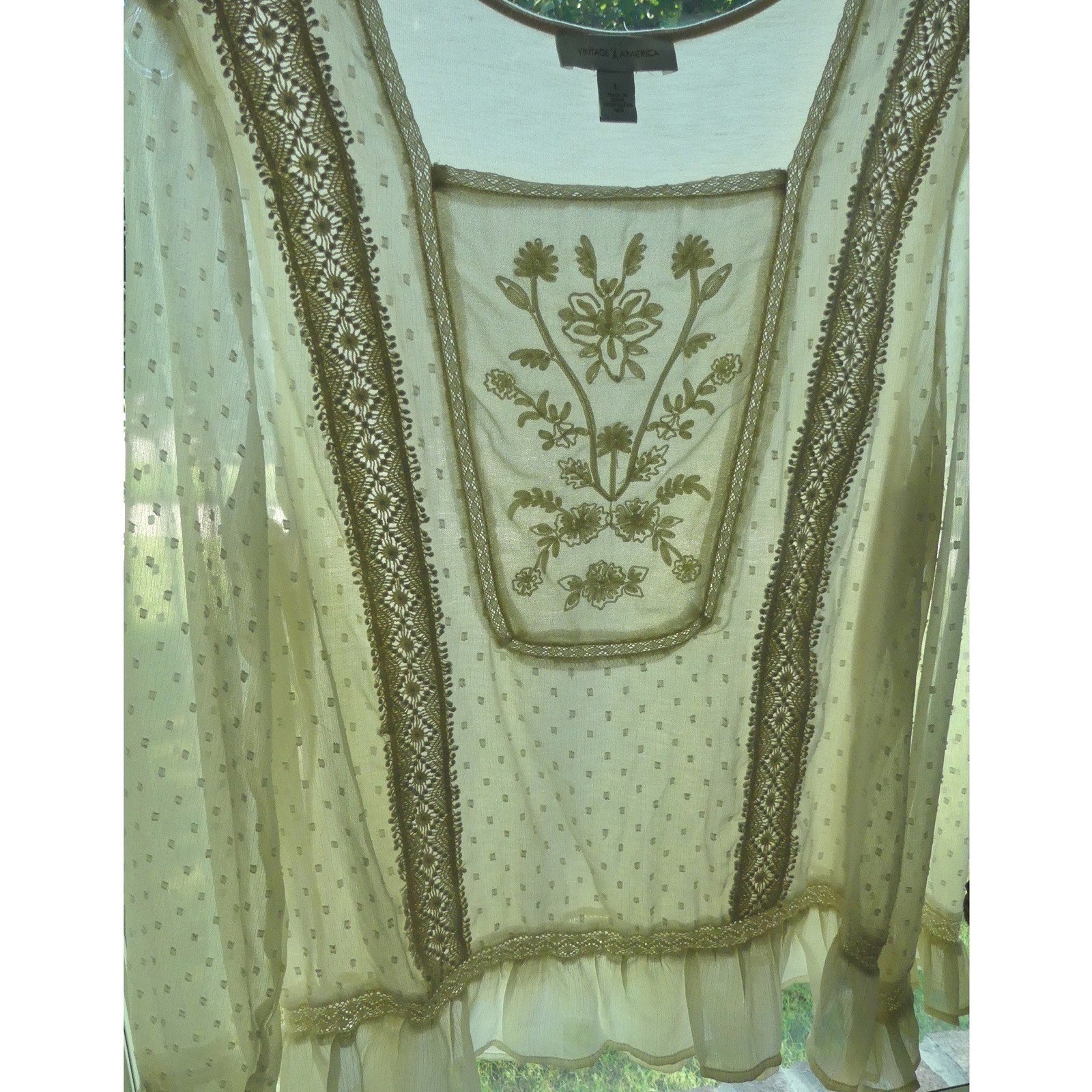Vintage America Jules Embroidered Swiss Dot Lace Ruffle Blouse L Peasant Prairie