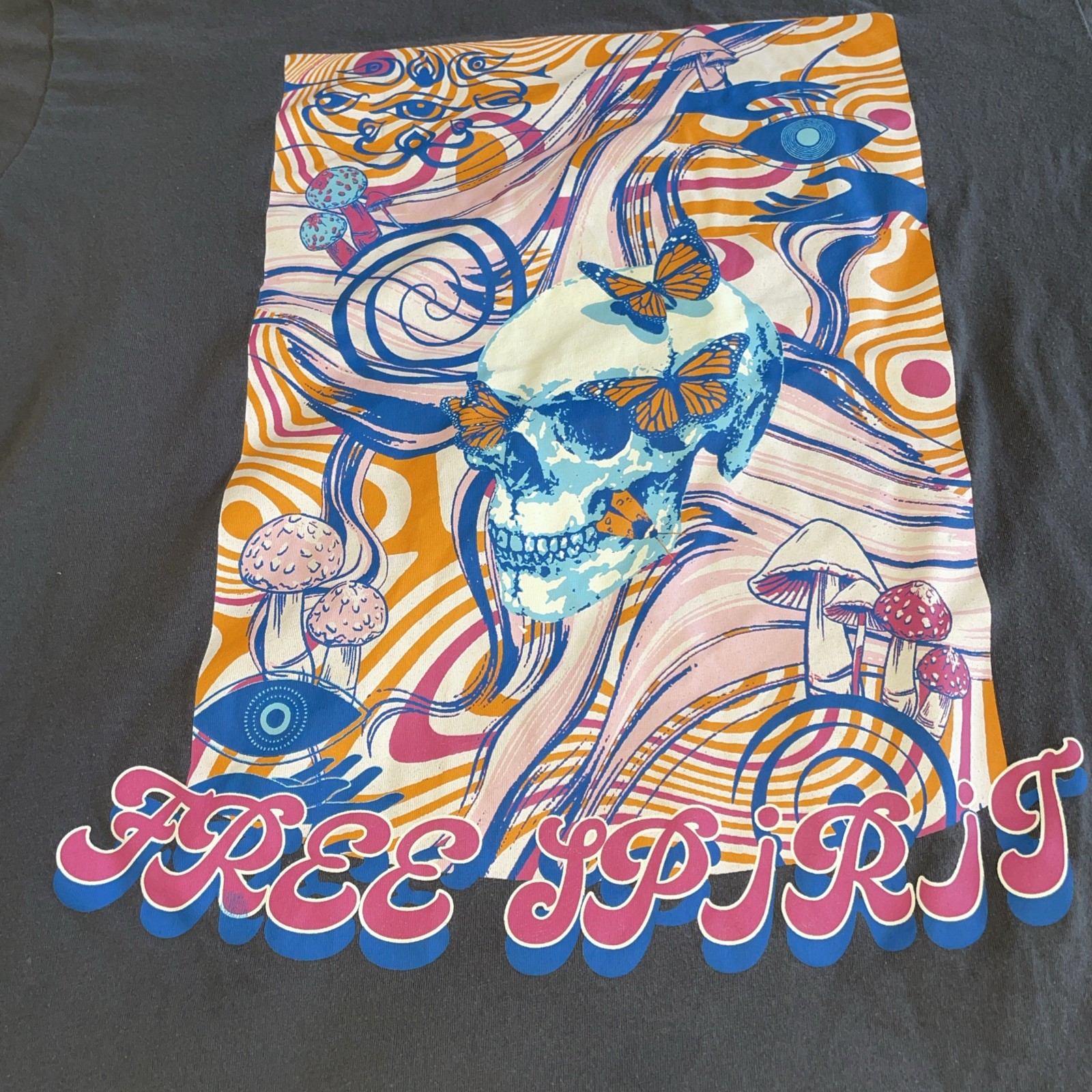 Killer Skull Shirt Women Grey Psychedelic Mushroom Eyes Free Spirit W/back Skull