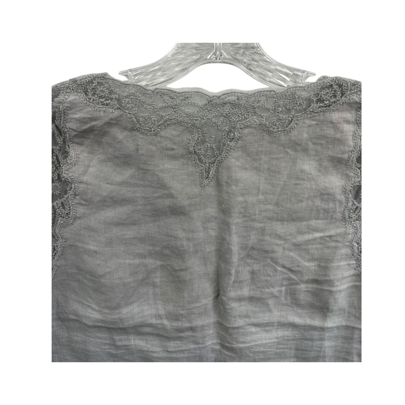 Jigsaw Gray Linen Blend Blouse Lace Trim Boho Minimalist Short Sleeve Top 4