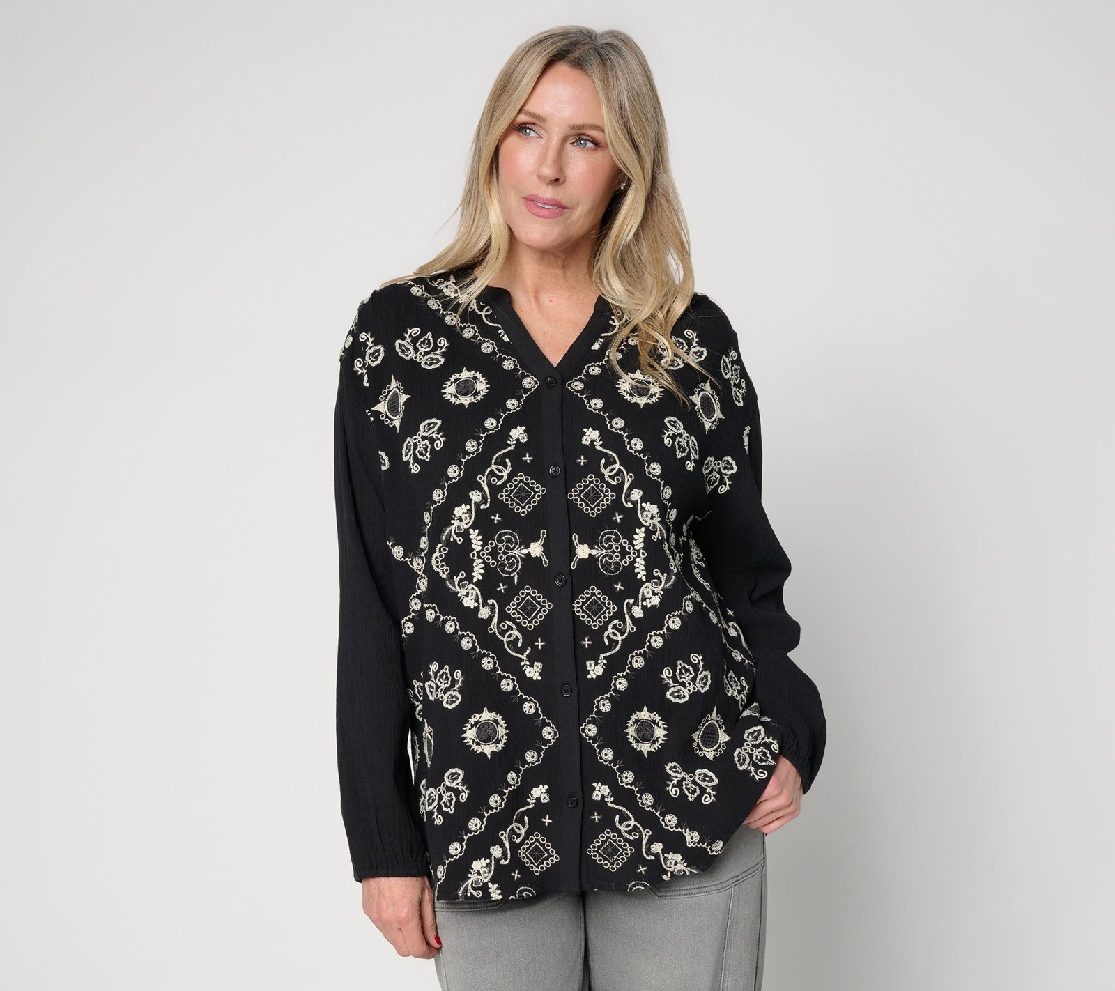 LOGO by Lori Goldstein LOGO Lavish by Lori Goldstein Embroidered Button Front Sp
