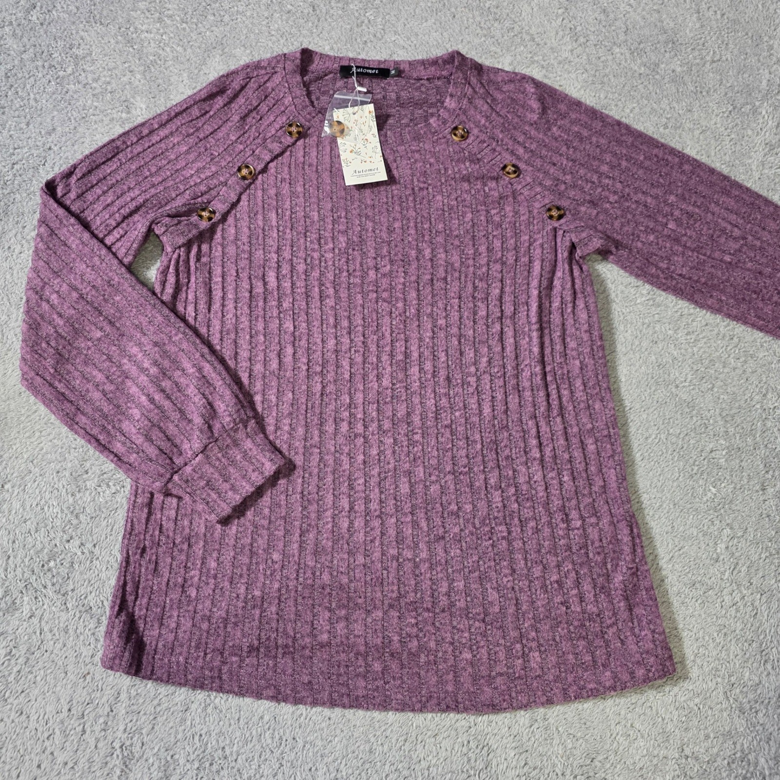 Automet Womens M Top Purple Ribbed Knit Long Sleeve Button Shoulder SZ250202