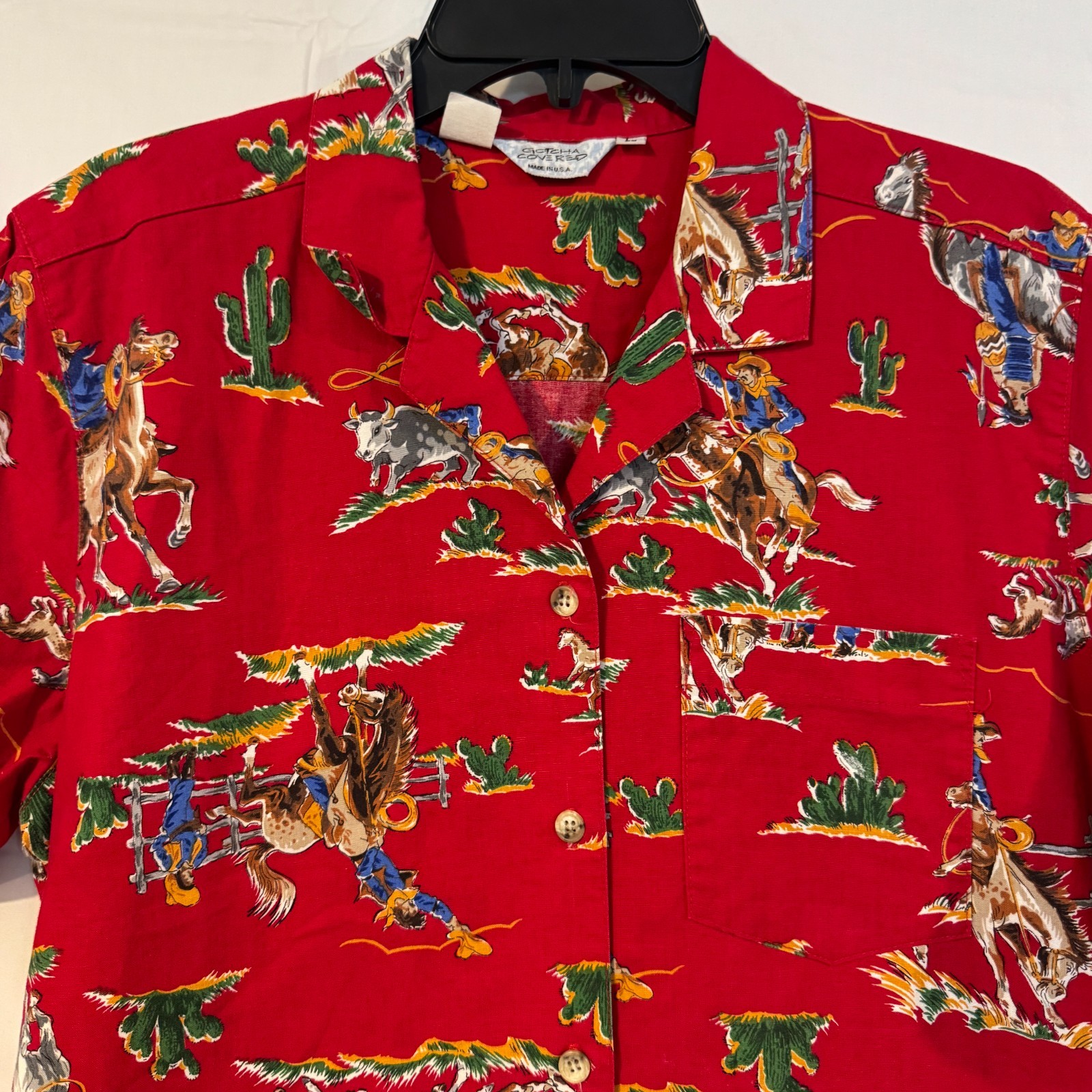 Vintage Gotcha Covered Western Shirt Large L Red Rodeo Cowboy Camp Made in USA