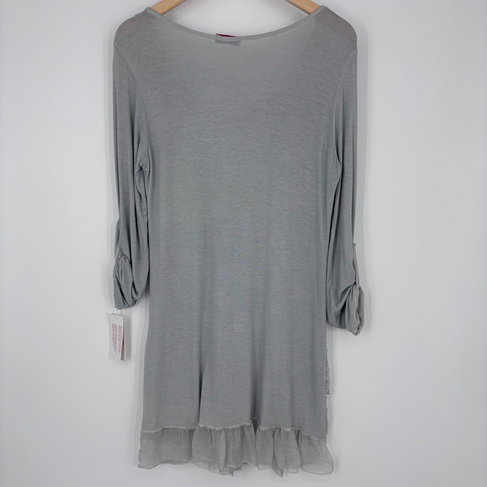 Scandal Tunic Top Womens S (Measured) Gray Ruffle Tiered Lace Italy Lagenlook